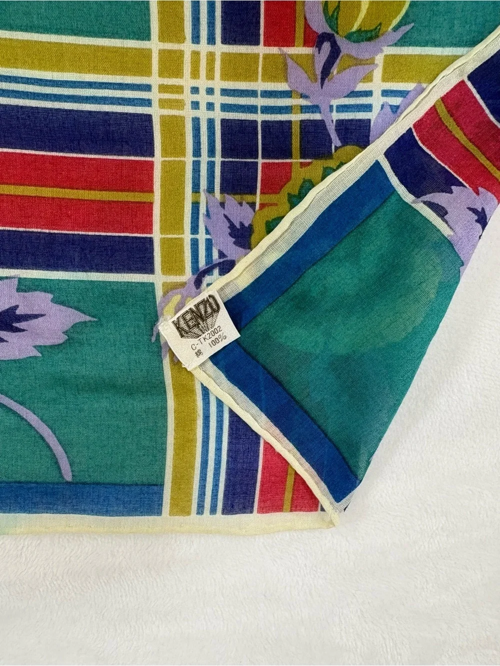 Vintage Kenzo Tokyo Cotton Scarf Plaid Teal Yellow Floral 28” Japan